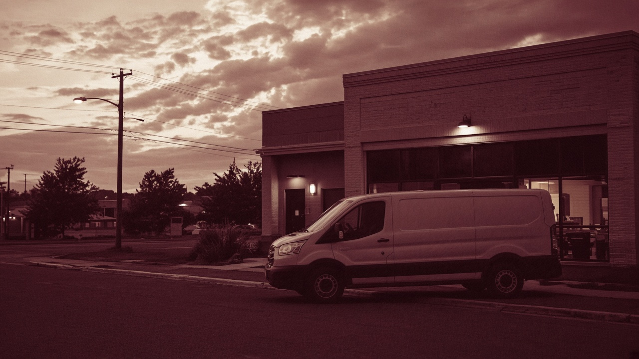 Service contractor van outside a commercial building